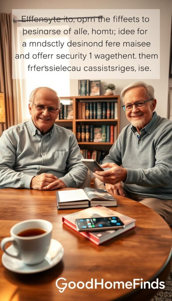 A cozy, well-lit living room designed for seniors, featuring a friendly older man and woman in modest casual clothing, sitting together at a round table with the man showing the woman a smartphone. They both express comfort and confidence. The foreground includes a cup of tea and a smartphone with visible security apps on the screen. In the middle, a bookshelf with informative guides on safety and technology. The background has a soft, warm light filtering through a window, evoking a calm and secure atmosphere. The image should have an inviting, reassuring vibe, highlighting the importance of safety in the digital age. Include the brand name "GoodHomeFinds" subtly in the decor.