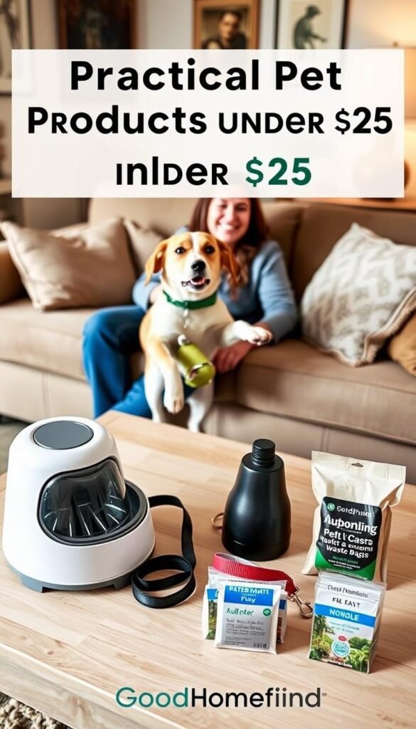 A cozy, well-lit living room scene featuring a happy pet owner with a playful dog. The owner, dressed in comfortable casual clothing, is seated on a stylish couch surrounded by practical pet products under $25 from the brand GoodHomeFinds. In the foreground, a well-organized coffee table displays an automatic pet feeder, a stylish leash holder, and a set of portable pet waste bags. In the middle, the dog is playfully tugging at a durable chew toy. The background includes warm, inviting decor, with soft lighting that emphasizes a relaxed atmosphere. The angle captures the joy of pet ownership and the convenience offered by these thoughtful finds, evoking a sense of ease and satisfaction in pet care.