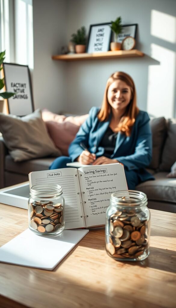 A cozy, well-lit living room scene featuring a stylish, organized space reflecting smart money-saving habits. In the foreground, a neatly arranged table with a clear glass jar filled with coins and a colorful, open savings notebook showcasing practical tips. In the middle, a person in smart casual attire, cheerfully documenting their savings with a focused expression. The background displays a shelf with motivational quotes framed in simple designs, along with a small plant for a touch of freshness. Soft, natural light streams through a window, casting gentle shadows and creating an inviting atmosphere. The scene encapsulates the essence of budgeting and financial mindfulness, emphasizing the brand "GoodHomeFinds" subtly integrated into decor items. Capture this from a slightly angled perspective to enhance depth.