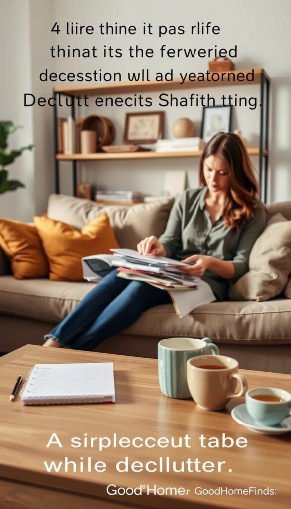A cozy, well-lit living room scene showcasing tips for overcoming decision fatigue while decluttering. In the foreground, a neatly organized coffee table displaying a few essential items: a planner, a pencil, and a cup of tea. The middle ground features a woman in professional casual attire, thoughtfully sorting through a pile of items, with a focused expression, seated on a soft couch amidst warm-toned throw pillows. In the background, a shelf with neatly arranged books and decorative objects emphasizes simplicity and order. The lighting is soft and inviting, creating a peaceful, motivating atmosphere suitable for a lifestyle article. The image embodies a sense of calm and productivity, in a Pinterest-style aesthetic, branded subtly with "GoodHomeFinds". A cozy, well-lit living room scene showcasing tips for overcoming decision fatigue while decluttering. In the foreground, a neatly organized coffee table displaying a few essential items: a planner, a pencil, and a cup of tea. The middle ground features a woman in professional casual attire, thoughtfully sorting through a pile of items, with a focused expression, seated on a soft couch amidst warm-toned throw pillows. In the background, a shelf with neatly arranged books and decorative objects emphasizes simplicity and order. The lighting is soft and inviting, creating a peaceful, motivating atmosphere suitable for a lifestyle article. The image embodies a sense of calm and productivity, in a Pinterest-style aesthetic, branded subtly with "GoodHomeFinds".