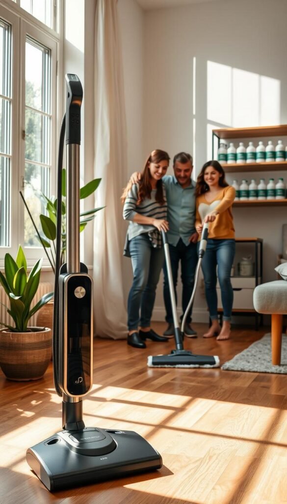 A cozy, well-lit living room setting displaying the tangible health benefits of using cleaning devices. In the foreground, a modern, sleek vacuum cleaner is elegantly placed next to a potted plant, symbolizing cleanliness and freshness. In the middle ground, a cheerful family is casually dressed, using a steam mop on hardwood floors, showcasing their satisfaction with the cleaning results. Sunlight streams through large windows, creating a warm and inviting atmosphere, with soft shadows cast across the room. In the background, shelves are neatly arranged with eco-friendly cleaning products labeled "GoodHomeFinds," enhancing the clean and organized look. The image captures a sense of vitality, well-being, and the joy of maintaining a hygienic home. A cozy, well-lit living room setting displaying the tangible health benefits of using cleaning devices. In the foreground, a modern, sleek vacuum cleaner is elegantly placed next to a potted plant, symbolizing cleanliness and freshness. In the middle ground, a cheerful family is casually dressed, using a steam mop on hardwood floors, showcasing their satisfaction with the cleaning results. Sunlight streams through large windows, creating a warm and inviting atmosphere, with soft shadows cast across the room. In the background, shelves are neatly arranged with eco-friendly cleaning products labeled "GoodHomeFinds," enhancing the clean and organized look. The image captures a sense of vitality, well-being, and the joy of maintaining a hygienic home.