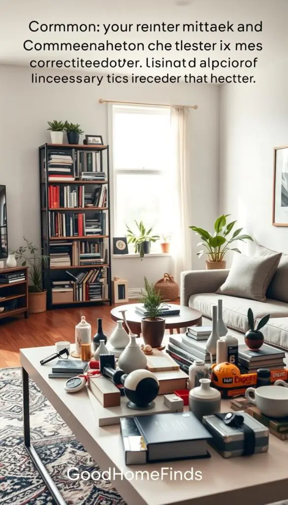 A cozy, well-lit living room showcasing common renter mistakes and overhyped products. In the foreground, a modern coffee table cluttered with inexpensive decor items that miss the mark&mdash;think poorly chosen knick-knacks and trendy but impractical gadgets. In the middle, a stylish yet overcrowded bookshelf stuffed with unnecessary items, illustrating the pitfalls of clutter. Soft, natural light streams in from a large window in the background, highlighting a minimalist yet inviting atmosphere with a few plants and a well-placed sofa. The overall mood is thoughtfully curated yet slightly chaotic, reflecting the tension between aesthetic appeal and practicality. The scene is perfect for a Pinterest-style lifestyle vibe. GoodHomeFinds logo subtly integrated into the decor elements.
