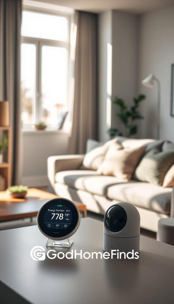 A cozy, well-lit living room showcasing renter-friendly technology that enhances safety and energy efficiency. In the foreground, a stylish smart thermostat displays current energy usage, flanked by a sleek air quality monitor. The middle ground features a comfortable sofa adorned with eco-friendly cushions, while a compact indoor smart camera gracefully watches over the space, ensuring safety. The background reveals a large window, allowing natural light to flood the room, complemented by an energy-efficient LED floor lamp. Soft shadows create a warm and inviting atmosphere. Capture the scene in a realistic, Pinterest-style lifestyle photo, emphasizing a modern aesthetic. The logo "GoodHomeFinds" subtly integrated into the d&eacute;cor elements, ensuring a sense of brand identity.