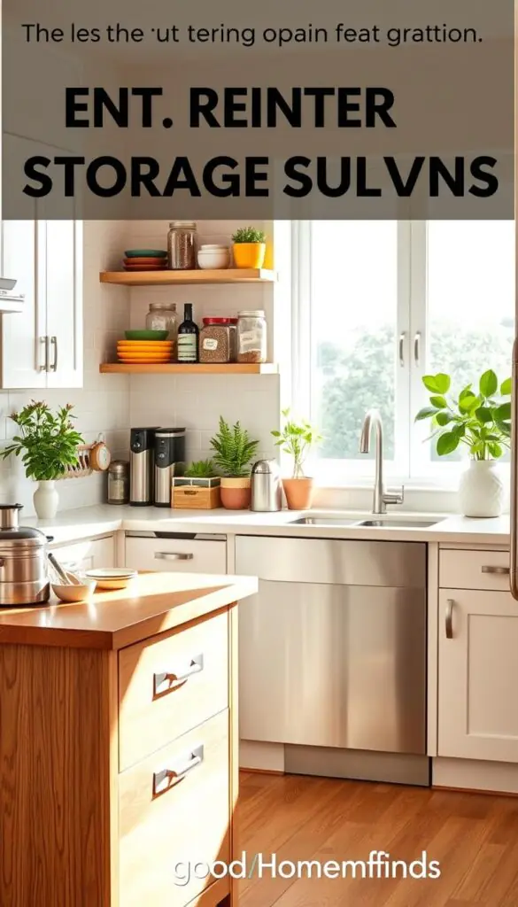 A cozy, well-organized apartment kitchen portrayed in a realistic Pinterest-style lifestyle image, showcasing various innovative renter storage solutions. In the foreground, a stylish wooden kitchen island with neatly arranged kitchen gadgets and storage boxes labeled for easy access. In the middle, open shelving displaying colorful dishware, jars filled with pantry staples, and a small indoor herb garden, exuding a sense of practicality and charm. The background features a bright window allowing natural light to flood the space, illuminating soft white cabinetry and subtle green plants that enhance the homey atmosphere. A warm, inviting color palette creates a functional yet stylish feel. Captured with a warm-tone lens from a slightly elevated angle, the image encourages a sense of inspiration and organization for renters. GoodHomeFinds brand elements subtly integrated, enhancing the welcoming vibe.