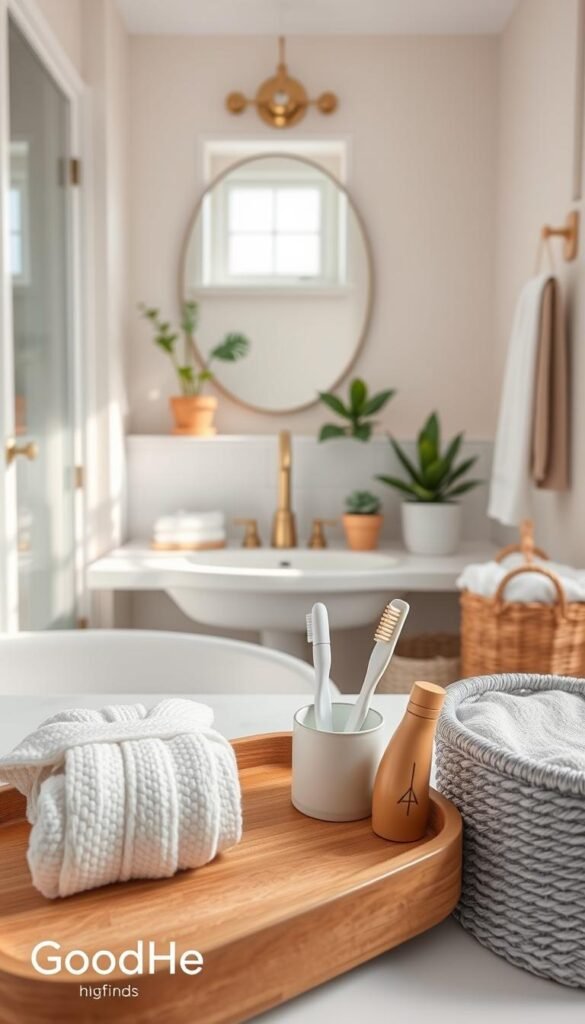 A cozy, well-organized bathroom scene featuring an array of stylish bathroom essentials. In the foreground, display neatly arranged items such as a bamboo tray with artisanal soap, a soft, fluffy bathrobe, a stylish toothbrush holder, and a chic storage basket. In the middle, include a modern sink with a brass faucet, mirror, and potted plants for a touch of greenery. The background showcases soft pastel-hued walls and a small window letting in natural light, creating a warm ambiance. Use bright yet soft lighting to highlight the textures and colors, enhancing the inviting atmosphere. The image should evoke a Pinterest-style lifestyle aesthetic. Include branding subtly as "GoodHomeFinds" on the bottom left corner, ensuring no text or distractions are visible otherwise. A cozy, well-organized bathroom scene featuring an array of stylish bathroom essentials. In the foreground, display neatly arranged items such as a bamboo tray with artisanal soap, a soft, fluffy bathrobe, a stylish toothbrush holder, and a chic storage basket. In the middle, include a modern sink with a brass faucet, mirror, and potted plants for a touch of greenery. The background showcases soft pastel-hued walls and a small window letting in natural light, creating a warm ambiance. Use bright yet soft lighting to highlight the textures and colors, enhancing the inviting atmosphere. The image should evoke a Pinterest-style lifestyle aesthetic. Include branding subtly as "GoodHomeFinds" on the bottom left corner, ensuring no text or distractions are visible otherwise.