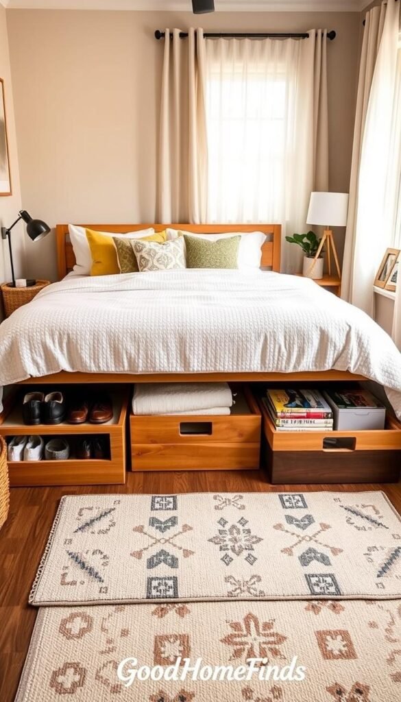 A cozy, well-organized bedroom in a small home or rental, showcasing stylish under-bed storage solutions. In the foreground, a neatly made bed with a light, textured duvet cover and colorful accent pillows. Below the bed, visible storage boxes made of natural wood, filled with neatly folded blankets and seasonal clothing. On one side, there&rsquo;s a wicker basket holding shoes, while another box contains books and magazines. The middle ground features a charming rug anchoring the space, with a small nightstand on the side holding a lamp and a plant. The background reveals soft, warm lighting filtering through sheer curtains, creating a serene, inviting atmosphere. Capture this with a slightly elevated angle, resembling a Pinterest-style lifestyle photo. Brand name: GoodHomeFinds.