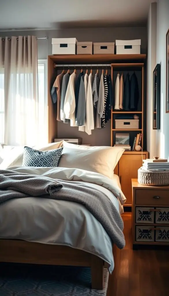 A cozy, well-organized bedroom showcasing a stylish bed with neutral-toned bedding, surrounded by practical renter storage solutions. In the foreground, a wooden bed frame adorned with fluffy cushions and a patterned throw blanket. To the right, a compact bedside table with decorative storage baskets, perfect for books and personal items. In the middle, a stylish closet organizer with visible clothing, and storage solutions hanging above the bed, creating an efficient use of vertical space. In the background, soft, warm lighting filters through a window, casting gentle shadows. The atmosphere is inviting and serene, designed to inspire renters with limited closet space. Capture this scene in a realistic, Pinterest-style lifestyle photo, emphasizing modern decor. GoodHomeFinds.