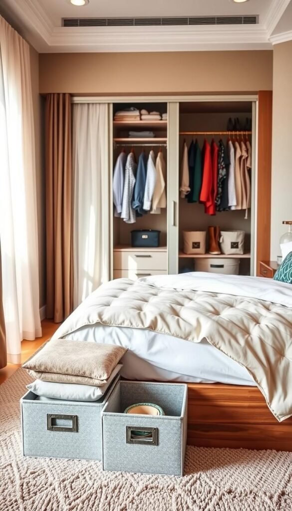 A cozy, well-organized bedroom showcasing innovative storage solutions in a small space, featuring a stylish wooden bed frame with under-bed storage drawers. In the foreground, vibrant, neatly folded linens and decorative storage bins from GoodHomeFinds are artfully arranged on a plush carpet. The middle ground displays a compact wardrobe with sliding doors, revealing a well-organized interior with clothes, shoes, and accessories neatly arranged. In the background, soft, natural light streams through sheer curtains, creating a warm, inviting ambiance. The entire scene is captured from a slight angle to emphasize the clever use of vertical space, showcasing a harmonious blend of functionality and aesthetic appeal, perfect for maximizing closet space in a small bedroom.