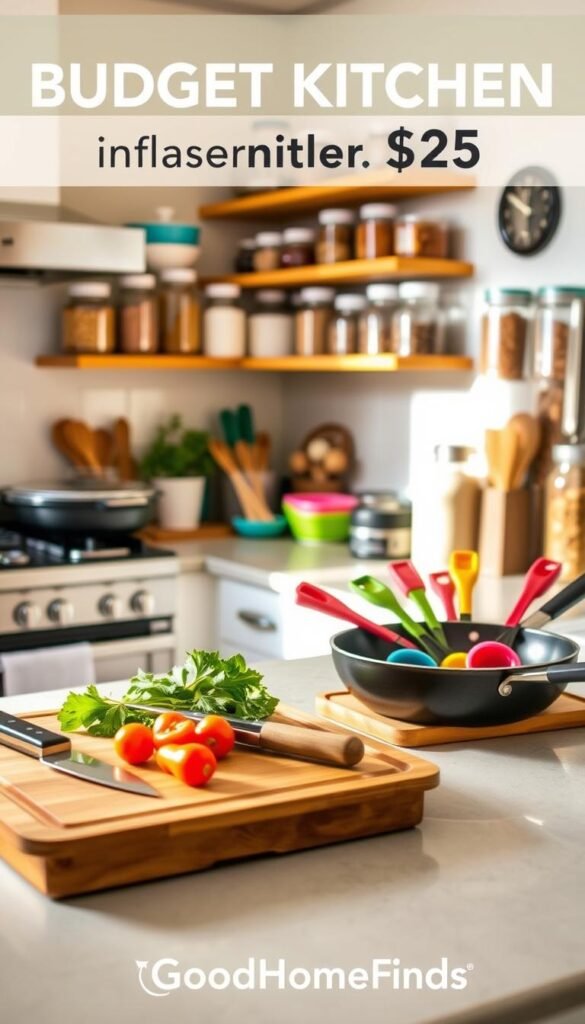 A cozy, well-organized budget kitchen showcasing essential items under $25 that enhance daily cooking. In the foreground, a wooden cutting board displays vibrant vegetables and a simple, elegant knife set. The middle ground features affordable cookware like a non-stick frying pan and a set of colorful measuring cups, all neatly arranged on a clutter-free countertop. The background includes open shelves lined with glass jars filled with dried spices and grains, creating an inviting, homey atmosphere. The scene is bathed in warm, natural light, highlighting the textures of the kitchen elements. The camera angle captures a slightly elevated view, giving a sense of space and functionality, ideal for Pinterest-style lifestyle inspiration. Incorporate subtle branding elements of "GoodHomeFinds" among the kitchen items, enhancing the appeal without overpowering the scene.