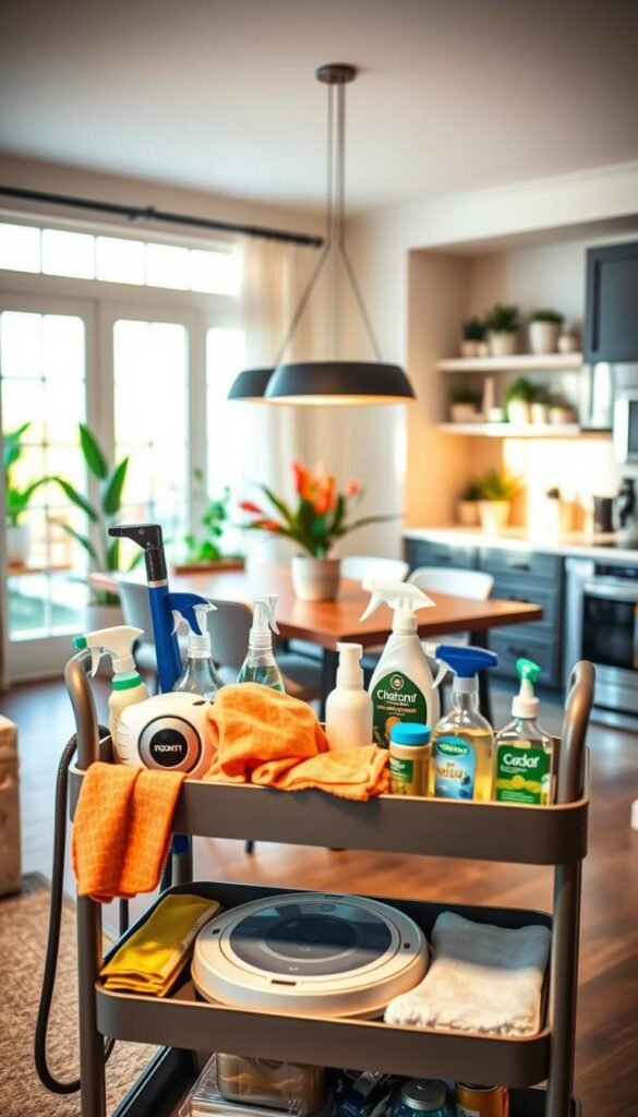 A cozy, well-organized home cleaning setup inspired by GoodHomeFinds, showcasing an inviting living space. In the foreground, a neatly arranged cleaning cart filled with high-tech gadgets like a robotic vacuum, microfiber cloths, and eco-friendly sprays. The middle ground features a stylishly decorated dining room with natural light pouring through large windows, illuminating a shiny wooden table and potted plants. In the background, a glimpse of a clean kitchen with stainless steel appliances and organized shelves. Soft, warm lighting creates a welcoming atmosphere, reflecting a sense of efficiency and comfort. The angle captures the entire scene from a slightly elevated perspective, emphasizing the ease and accessibility of modern cleaning solutions, ideal for a time-efficient routine.