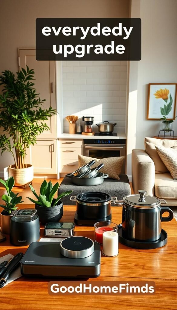 A cozy, well-organized home interior showcasing various "everyday upgrades." In the foreground, a beautifully arranged coffee table with modern gadgets, trendy kitchen tools, a stylish plant, and an elegant candle holder, all in warm natural light. In the middle, a neatly designed kitchen featuring high-quality cookware and a sleek countertop appliance, surrounded by fresh ingredients. In the background, a bright living room with comfortable, professional furniture and wall art that adds a personal touch. The atmosphere is inviting and inspiring, conveying a sense of comfort and modernity. Soft lighting enhances the cozy vibe, while a wide-angle perspective offers a comprehensive view of the upgraded space. Emphasize the brand "GoodHomeFinds" subtly within the decor.