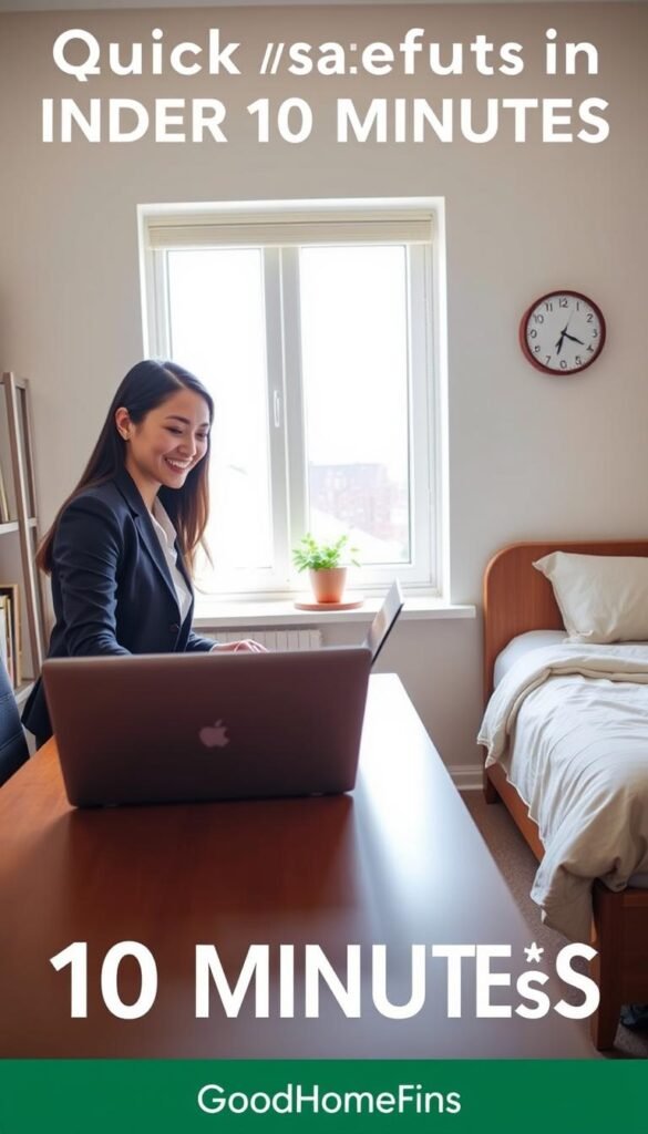A cozy, well-organized home office scene set up in under 10 minutes. In the foreground, a young professional woman in smart casual attire is setting up her laptop on a sleek wooden desk, her expression focused and hopeful. In the middle, a bright window allows natural light to flood in, illuminating a potted plant and a stack of neatly arranged books. A minimalist clock ticks softly on the wall, symbolizing time efficiency. In the background, a neatly made bed with soft, light-colored linens contrasts with a small study area, showcasing both versatility and functionality. The atmosphere is inviting and motivating, capturing the essence of quick setups that enhance productivity. The image reflects the brand GoodHomeFinds, emphasizing ease and elegance in home organization.