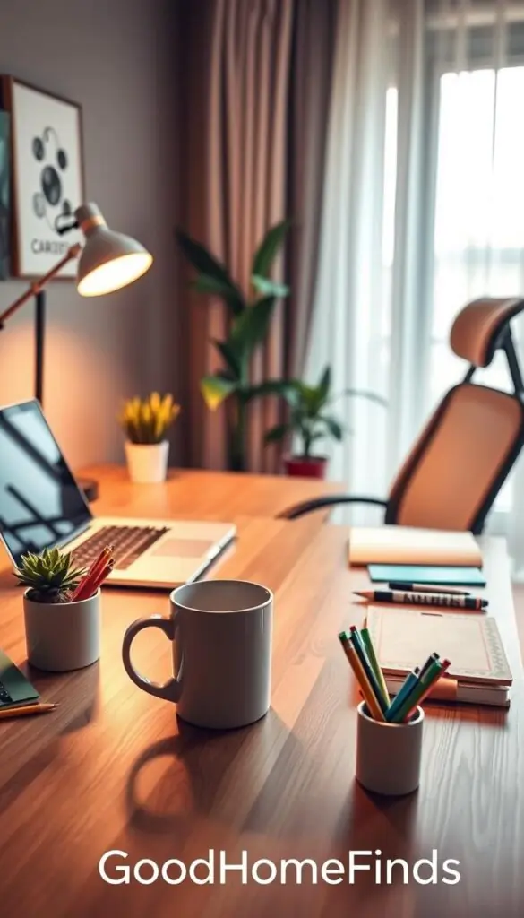 A cozy, well-organized home office setup featuring a sleek wooden desk with a modern laptop, a stylish desk lamp providing warm light, and potted plants for a touch of greenery. In the foreground, there&rsquo;s a neatly arranged coffee mug and stationery items like colorful notebooks and pens, evoking a productive atmosphere. The middle ground showcases an ergonomic chair positioned comfortably by the desk, while the background reveals a softly lit window with sheer curtains, allowing natural light to filter in. The overall mood is inspiring and inviting, encouraging creativity and focus. The composition should reflect a warm color palette, emphasizing a welcoming ambiance. Brand name "GoodHomeFinds" subtly integrated into the overall aesthetic without any text overlays.