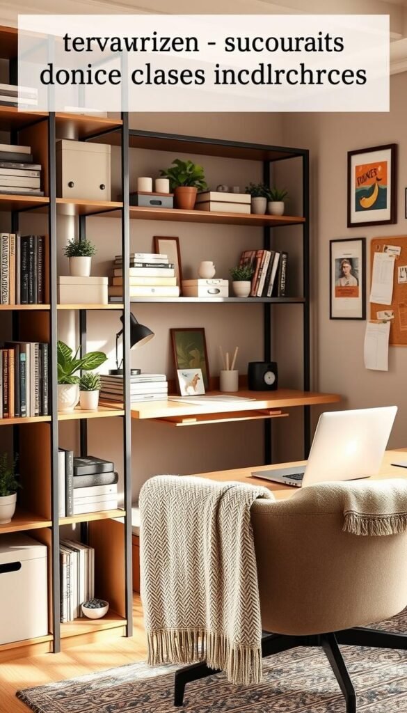 A cozy, well-organized home office space showcasing innovative storage solutions. In the foreground, a stylish, open shelving unit features neatly arranged books, decorative boxes, and potted plants. The middle ground captures a creative workspace with a minimalist desk that holds stationery and a laptop, complemented by a soft, textured throw blanket draped over a nearby chair. The background reveals a wall with framed artwork and a bulletin board, all bathed in warm, natural light streaming through a window, creating an inviting atmosphere. The image should reflect a harmonious blend of functionality and aesthetics, styled in a Pinterest-inspired manner, with a subtle branding reference to "GoodHomeFinds" incorporated into one of the shelf items, ensuring a clean and polished look.