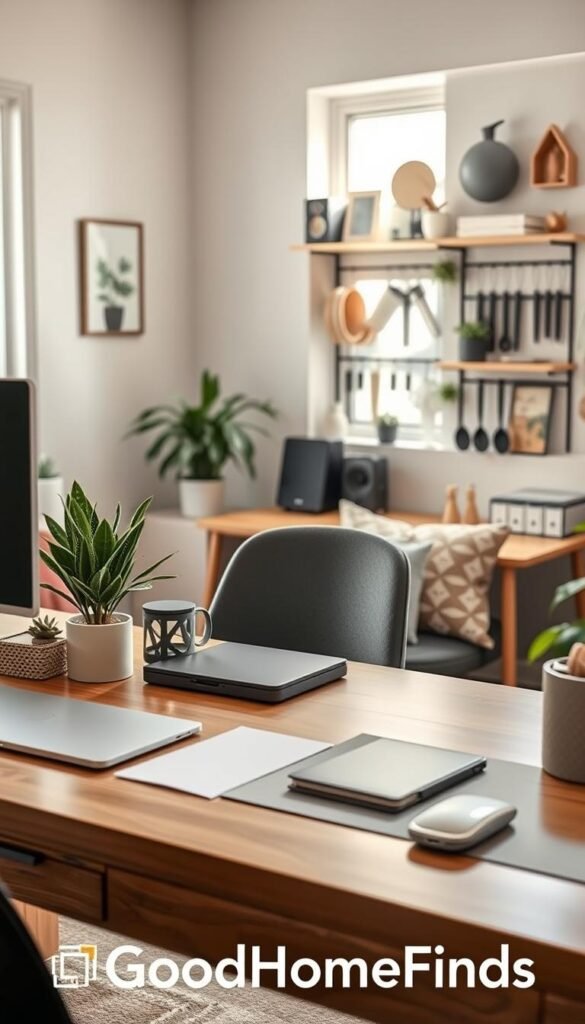 A cozy, well-organized home office space showcasing various everyday helpers in action. In the foreground, a stylish desk displays essential office supplies like a sleek laptop, a decorative organizer, and a potted plant, all arranged neatly to inspire productivity. In the middle ground, a comfortable chair with a cushion invites users to sit and work efficiently, while a wall-mounted shelf holds practical gadgets and tools that simplify tasks. The background features a window with natural light streaming in, casting a warm glow over the scene. The overall mood is inviting and professional, emphasizing the utility of these items. The style is realistic and Pinterest-worthy, capturing the essence of modern living. Include the brand name “GoodHomeFinds” subtly as part of the decor. A cozy, well-organized home office space showcasing various everyday helpers in action. In the foreground, a stylish desk displays essential office supplies like a sleek laptop, a decorative organizer, and a potted plant, all arranged neatly to inspire productivity. In the middle ground, a comfortable chair with a cushion invites users to sit and work efficiently, while a wall-mounted shelf holds practical gadgets and tools that simplify tasks. The background features a window with natural light streaming in, casting a warm glow over the scene. The overall mood is inviting and professional, emphasizing the utility of these items. The style is realistic and Pinterest-worthy, capturing the essence of modern living. Include the brand name “GoodHomeFinds” subtly as part of the decor.