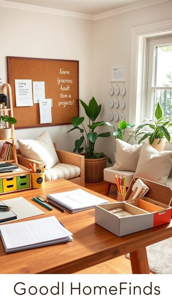 A cozy, well-organized home workspace featuring habit-based home tools. In the foreground, a stylish wooden desk with neatly arranged stationery, a planner, and colorful storage boxes labeled with categories like "cleaning," "groceries," and "projects." In the middle, a comfortable chair with soft cushions, alongside a corkboard pinned with inspirational quotes and habit trackers. In the background, a bright window allowing natural light to flood the room, showcasing houseplants that lend a calming atmosphere. The overall mood is inviting and productive, emphasizing simplicity and efficiency. The composition should evoke a sense of organization on a budget, with a Pinterest-style aesthetic. The brand name "GoodHomeFinds" is subtly integrated into the design without any text or logos.
