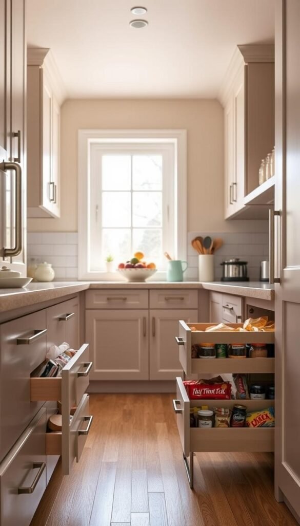 A cozy, well-organized kitchen featuring modern, drawer-friendly pantry solutions for storing snacks and small items. In the foreground, neatly arranged drawers are partially opened, showcasing colorful snacks and small jars with labels for easy access. The middle ground highlights a stylish kitchen countertop with a decorative fruit bowl and kitchen utensils, reflecting a warm, inviting atmosphere. The background features bright, natural light streaming through a large window, illuminating light-colored cabinetry and calming wall colors. The angle captures the essence of a minimalist design, promoting space efficiency in a tiny kitchen. The scene evokes a sense of practicality and creativity, perfect for maximizing organization. Styled in the spirit of "GoodHomeFinds," the overall mood is fresh and inspiring, ideal for contemporary living.