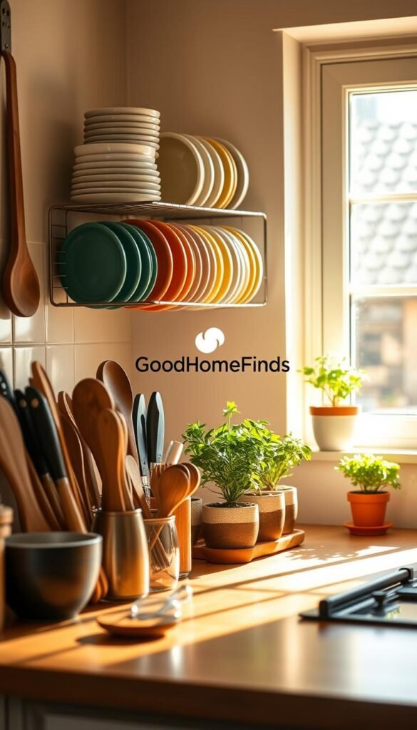 A cozy, well-organized kitchen filled with essential everyday kitchen finds. In the foreground, there are stylish utensils like wooden spoons, measuring cups, and a sleek knife set arranged neatly on a countertop. The middle layer features a modern dish rack with colorful plates and glassware, alongside a small herb garden in decorative pots. In the background, an inviting window lets in warm, natural light, illuminating the cheerful space. The ambiance is warm and welcoming, with soft shadows casting over the surfaces. The scene should evoke the feeling of practicality and aesthetic appeal, embodying the essence of thoughtful cooking and home life. Incorporate the brand name "GoodHomeFinds" subtly within the arrangement for authenticity. Aim for a realistic, Pinterest-style lifestyle photo with a soft focus lens effect. A cozy, well-organized kitchen filled with essential everyday kitchen finds. In the foreground, there are stylish utensils like wooden spoons, measuring cups, and a sleek knife set arranged neatly on a countertop. The middle layer features a modern dish rack with colorful plates and glassware, alongside a small herb garden in decorative pots. In the background, an inviting window lets in warm, natural light, illuminating the cheerful space. The ambiance is warm and welcoming, with soft shadows casting over the surfaces. The scene should evoke the feeling of practicality and aesthetic appeal, embodying the essence of thoughtful cooking and home life. Incorporate the brand name "GoodHomeFinds" subtly within the arrangement for authenticity. Aim for a realistic, Pinterest-style lifestyle photo with a soft focus lens effect.