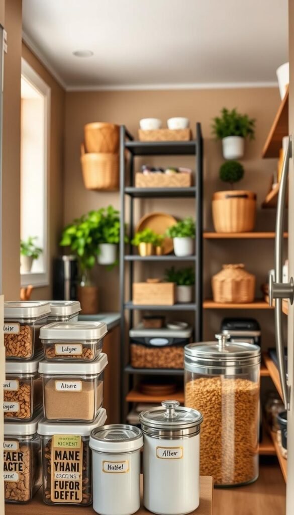 A cozy, well-organized kitchen pantry featuring renter-friendly storage solutions. In the foreground, showcase stylish, stackable containers with labels, filled with dry goods. In the middle, a tall, sleek shelving unit stands against the wall, displaying decorative baskets and herbs in pots, maximizing vertical space without drilling. The background should show a warm, inviting kitchen atmosphere, with soft natural light filtering through a nearby window, reflecting a homey vibe. Capture the scene from a slight angle to highlight the depth of the pantry. The overall mood is calm and functional, emphasizing practicality and aesthetics. Include elements associated with the brand "GoodHomeFinds" in the design, such as unique storage items that blend seamlessly into the layout.