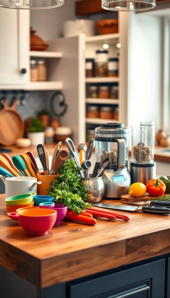 A cozy, well-organized kitchen scene showcasing hidden gem finds for meal prep. In the foreground, a wooden kitchen island features an assortment of stylish yet practical kitchen tools and gadgets from "GoodHomeFinds," including colorful measuring cups, an elegant knife set, and a sleek food processor. Fresh ingredients like vibrant vegetables and herbs are arranged artfully around the utensils. In the middle ground, a well-stocked pantry is visible with neatly labeled jars and containers. The background reveals a softly lit kitchen space with warm, inviting lighting. The atmosphere is cheerful and inspiring, capturing the essence of efficient meal preparation for busy weeknights. The lens should capture the details with a slight blur in the background, emphasizing the items in the foreground. A cozy, well-organized kitchen scene showcasing hidden gem finds for meal prep. In the foreground, a wooden kitchen island features an assortment of stylish yet practical kitchen tools and gadgets from "GoodHomeFinds," including colorful measuring cups, an elegant knife set, and a sleek food processor. Fresh ingredients like vibrant vegetables and herbs are arranged artfully around the utensils. In the middle ground, a well-stocked pantry is visible with neatly labeled jars and containers. The background reveals a softly lit kitchen space with warm, inviting lighting. The atmosphere is cheerful and inspiring, capturing the essence of efficient meal preparation for busy weeknights. The lens should capture the details with a slight blur in the background, emphasizing the items in the foreground.