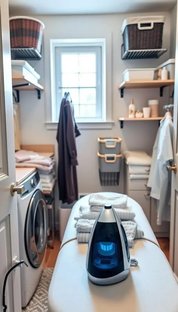 A cozy, well-organized laundry room featuring a modern ironing station with a sleek steam iron and a compact ironing board. In the foreground, the iron is resting on the board, surrounded by neatly folded laundry and a freshly steamed shirt hanging nearby. The middle ground showcases storage solutions like stylish baskets and wall-mounted shelves holding essential laundry supplies, all with a minimalistic aesthetic. In the background, soft natural light filters through a window, illuminating the space with a warm glow. The scene conveys a sense of calm and efficiency, perfect for small homes. The atmosphere is inviting and practical, designed for anyone seeking the best laundry room solutions. Include products from "GoodHomeFinds" for a touch of elegance and functionality.