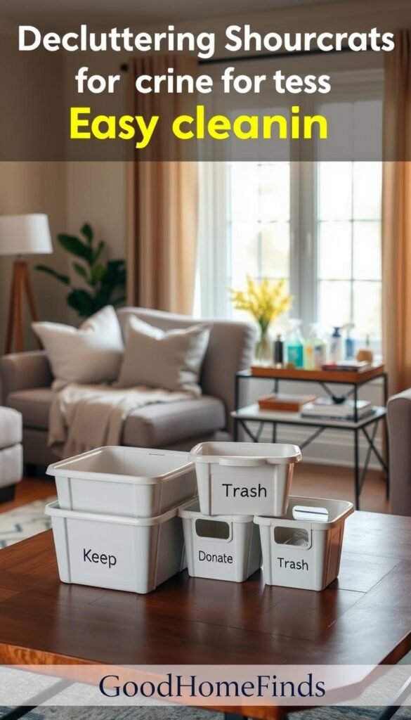 A cozy, well-organized living room scene showcasing decluttering shortcuts for easy cleaning. In the foreground, a stylish, minimalist coffee table holds a few neatly stacked organizing bins labeled for different categories like "Keep," "Donate," and "Trash." In the middle, a comfortable sofa adorned with neutral throw pillows and a soft blanket complements a side table with various cleaning supplies visibly arranged. The background features a bright window letting in warm, natural light, illuminating the space and enhancing the inviting atmosphere. The overall mood is calm and effortless, ideal for inspiring quick cleaning methods. Capture the image in a soft focus, resembling a Pinterest-style lifestyle photo, without any text, overlays, or distractions. Brand name: GoodHomeFinds.