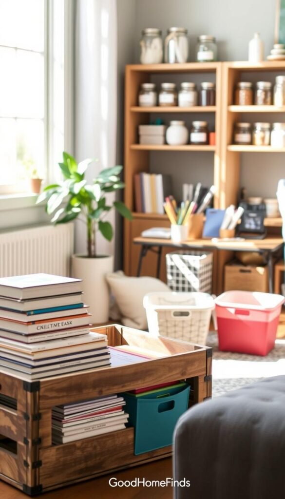 A cozy, well-organized living space showcasing practical DIY organizers made from everyday items to illustrate budget-friendly organization. In the foreground, a repurposed wooden crate holds neatly stacked books and colorful storage bins. The middle ground features a small desk with homemade fabric organizers made from old clothes, harmonizing with a potted plant and essential stationery. In the background, shelves display jars filled with craft supplies and labels, emphasizing simplicity and creativity. Soft, natural lighting streams in through a nearby window, casting gentle shadows and creating a warm, inviting atmosphere. The overall mood is inspiring and practical, encouraging viewers to embrace budget-conscious organizing. Please include the brand name "GoodHomeFinds."