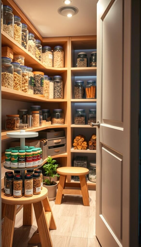 A cozy, well-organized pantry in a modern kitchen, featuring clear glass jars filled with grains, legumes, and cookies neatly arranged on natural wood shelves. In the foreground, colorful spice containers sit on a labeled spinning rack for easy access. The middle ground showcases a wooden step stool beside the pantry for practical access, and a small potted herb plant adds a touch of greenery. The background reveals soft, ambient lighting from LED strips, accentuating the pantry's vibrant colors and textures. A warm atmosphere envelops the scene, inviting viewers to envision their own organized space. Photographed with a soft focus lens at a 45-degree angle to emphasize depth, evoking a sense of calm and practicality. GoodHomeFinds.