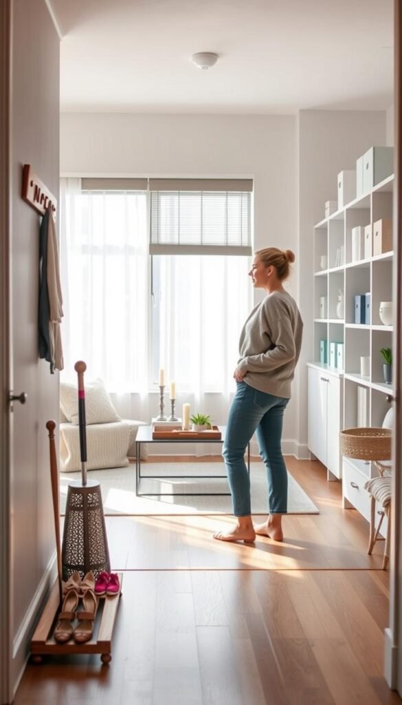 A cozy, well-organized rental living space showcasing a stylish, drill-free organization system. In the foreground, a neatly arranged entryway with a wooden shoe rack and a decorative umbrella stand. The middle ground features a thoughtfully arranged living room with soft, natural light filtering through large windows, illuminating a minimalist coffee table adorned with aesthetically pleasing decor items, including candles and a small plant. In the background, shelves display smart storage solutions with boxes labeled for easy identification. A person in modest casual clothing admires the organized space, embodying a feeling of tranquility and efficiency. The atmosphere is warm and inviting, with a focus on comfort and functionality. Create this image in a Pinterest-style lifestyle photo that reflects the essence of "GoodHomeFinds."
