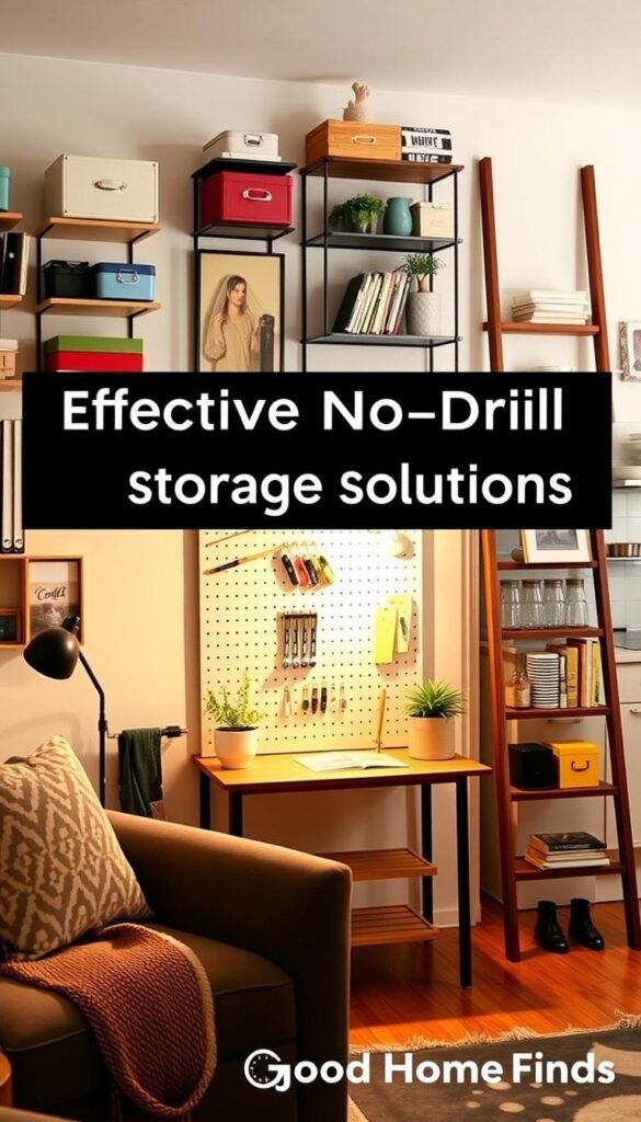 A cozy, well-organized rental living space showcasing effective no-drill storage solutions. In the foreground, a stylishly arranged living room features a colorful mix of storage solutions: wall-mounted shelves with decorative boxes, a hanging organizer, and a chic ladder shelf with plants and books. In the middle, a small desk equipped with a pegboard for easy access to craft supplies is illuminated by soft, warm lighting, creating an inviting atmosphere. The background showcases a minimalist kitchen with neatly arranged kitchenware and space-saving racks. The scene is captured from a slightly elevated angle, with a focus on the harmonious blend of functionality and aesthetics. The overall mood exudes creativity and inspiration for renters looking for affordable storage solutions. GoodHomeFinds branding subtly integrated into the design elements. A cozy, well-organized rental living space showcasing effective no-drill storage solutions. In the foreground, a stylishly arranged living room features a colorful mix of storage solutions: wall-mounted shelves with decorative boxes, a hanging organizer, and a chic ladder shelf with plants and books. In the middle, a small desk equipped with a pegboard for easy access to craft supplies is illuminated by soft, warm lighting, creating an inviting atmosphere. The background showcases a minimalist kitchen with neatly arranged kitchenware and space-saving racks. The scene is captured from a slightly elevated angle, with a focus on the harmonious blend of functionality and aesthetics. The overall mood exudes creativity and inspiration for renters looking for affordable storage solutions. GoodHomeFinds branding subtly integrated into the design elements.
