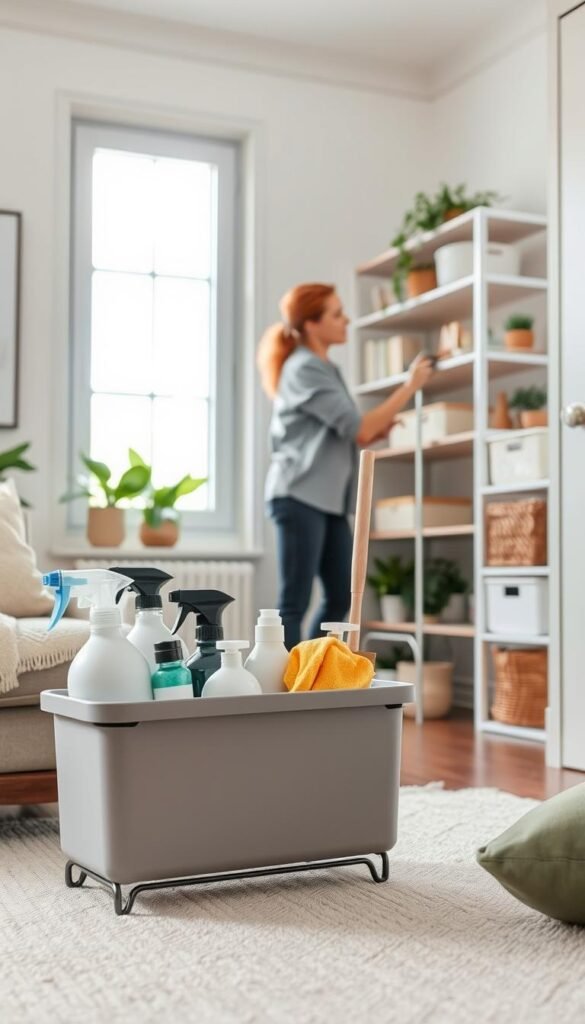 A cozy, well-organized room showcasing a minimal cleaning kit in action. In the foreground, a stylish, modern cleaning caddy filled with essential products like biodegradable spray bottles, microfiber cloths, and a compact broom. In the middle, a person in casual yet professional attire, actively cleaning a tidy space, dusting shelves and organizing small storage solutions like baskets and bins. In the background, light streams through a large window, illuminating a minimalist decor with plants and neutral tones. The overall atmosphere is serene and inviting, evoking a sense of productivity and simplicity, perfect for small living spaces. The image should have soft natural lighting, shot at eye level, and reflect the brand aesthetic of GoodHomeFinds.