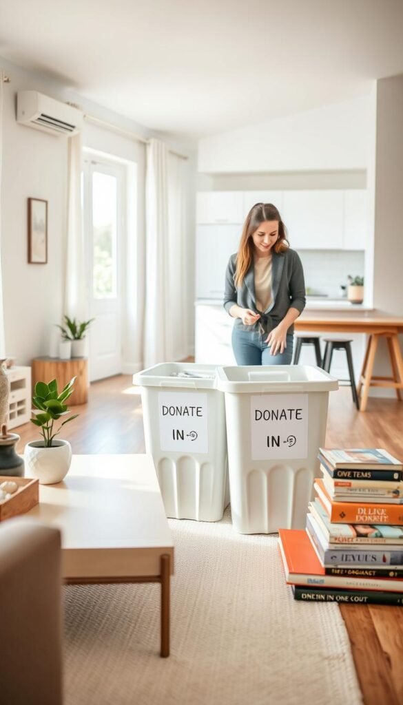 A cozy, well-organized shared apartment with a modern aesthetic. In the foreground, a stylish, open space featuring a minimalist living area. There is a neat coffee table adorned with a potted plant and a couple of decorative items. To one side, a woman in modest casual clothing stands by a no-judgment donate bin, thoughtfully placing items inside. In the middle ground, a clear distinction between 'in' items, like a new decorative vase, and 'out' items, such as a stack of old books ready for donation. The background reveals a bright kitchen with natural light streaming through a window, enhancing the welcoming atmosphere. The scene embodies the "one-in, one-out" decluttering rule, promoting a harmonious living environment. Photographed with soft lighting, a 35mm lens, from eye-level angle, creating an inviting, Pinterest-style lifestyle image for GoodHomeFinds. A cozy, well-organized shared apartment with a modern aesthetic. In the foreground, a stylish, open space featuring a minimalist living area. There is a neat coffee table adorned with a potted plant and a couple of decorative items. To one side, a woman in modest casual clothing stands by a no-judgment donate bin, thoughtfully placing items inside. In the middle ground, a clear distinction between 'in' items, like a new decorative vase, and 'out' items, such as a stack of old books ready for donation. The background reveals a bright kitchen with natural light streaming through a window, enhancing the welcoming atmosphere. The scene embodies the "one-in, one-out" decluttering rule, promoting a harmonious living environment. Photographed with soft lighting, a 35mm lens, from eye-level angle, creating an inviting, Pinterest-style lifestyle image for GoodHomeFinds.