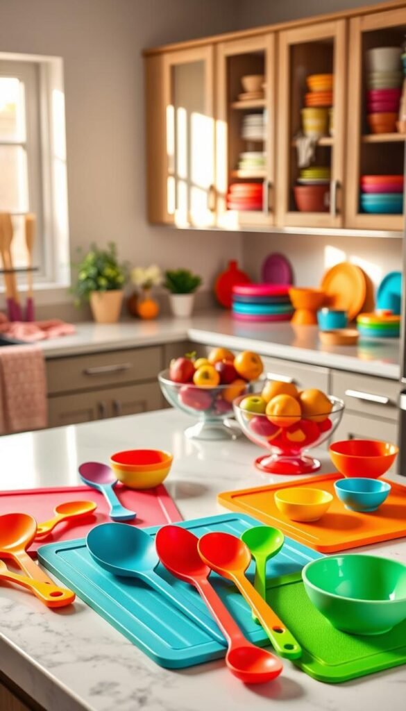 A cozy, well-organized silicone kitchen featuring various colorful silicone kitchen tools and gadgets neatly arranged on a countertop. In the foreground, there are vibrant silicone baking mats, flexible spatulas, and measuring cups in an array of bright colors. The middle ground showcases a kitchen island topped with a stylish bowl filled with fresh fruits, complemented by a silicone trivets and baking molds. In the background, soft natural light streams through a window, illuminating the scene, and there are modern cabinets filled with neatly stacked silicone products. The atmosphere is warm, inviting, and practical, embodying a Pinterest-style lifestyle image. Depict this scene with a well-balanced composition, showcasing the essentials available from GoodHomeFinds.