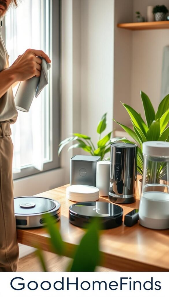A cozy, well-organized small home workspace featuring a person dressed in modest casual clothing, diligently cleaning various home gadgets, such as a robotic vacuum, air purifier, and water filter pitcher. The foreground highlights the person using a microfiber cloth and eco-friendly cleaner, with glints of natural sunlight streaming through a window. In the middle, neatly arranged gadgets sit on a minimalist wooden table, showcasing their sleek designs. The background includes green plants that promote air quality, enhancing the fresh atmosphere. The overall mood is bright, inviting, and clean, embodying the essence of a modern, tech-savvy small home. GoodHomeFinds branding subtly integrated into the scene. A cozy, well-organized small home workspace featuring a person dressed in modest casual clothing, diligently cleaning various home gadgets, such as a robotic vacuum, air purifier, and water filter pitcher. The foreground highlights the person using a microfiber cloth and eco-friendly cleaner, with glints of natural sunlight streaming through a window. In the middle, neatly arranged gadgets sit on a minimalist wooden table, showcasing their sleek designs. The background includes green plants that promote air quality, enhancing the fresh atmosphere. The overall mood is bright, inviting, and clean, embodying the essence of a modern, tech-savvy small home. GoodHomeFinds branding subtly integrated into the scene.