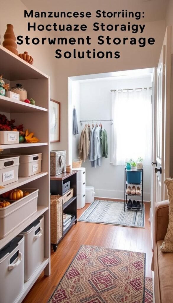 A cozy, well-organized small living space featuring aesthetically pleasing room storage solutions designed for seasonal item storage. In the foreground, a stylish open shelving unit holds neatly labeled bins and decorative boxes, showcasing a variety of seasonal decorations like autumn leaves and holiday ornaments. The middle of the scene highlights a compact entryway with a functional coat rack and shoe organizer, all utilizing floor space efficiently without any drilling. In the background, soft natural light streams in through a window, illuminating the room's warm colors and creating an inviting atmosphere. The entire scene is framed from a slightly angled overhead perspective, capturing the essence of maximizing storage in small spaces. No human subjects, ensuring focus on the storage solutions. Inspired by GoodHomeFinds, evoking a Pinterest-style lifestyle photo.