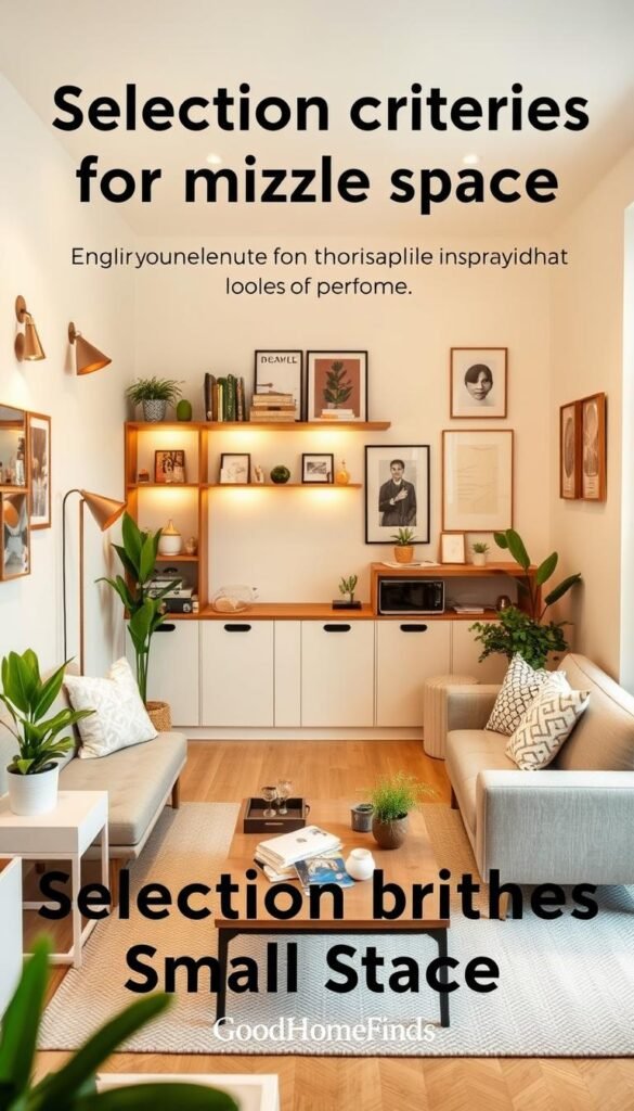 A cozy, well-organized small room showcasing selection criteria for optimizing space, featuring a stylish yet functional layout. In the foreground, a neatly arranged living area with a compact sofa, a slim coffee table, and decorative elements like potted plants and lighting fixtures. The middle space displays shelves with carefully curated items, emphasizing practicality and aesthetics, along with a small workstation. In the background, a light-colored wall adorned with framed art complements the warm, ambient lighting that creates an inviting atmosphere. The image should reflect a Pinterest-style lifestyle shot, emphasizing inspiration for small spaces. Capture from a slightly elevated angle, as if taken with a wide-angle lens, to provide depth and perspective. The brand "GoodHomeFinds" subtly incorporated into the scene through decor elements.