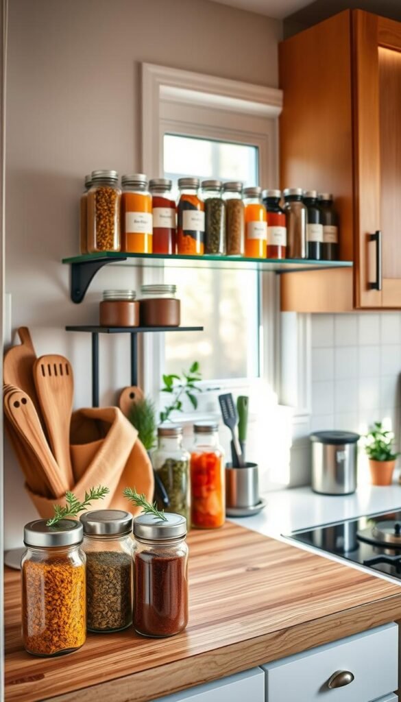 A cozy, well-organized tiny kitchen featuring a variety of colorful spices displayed in glass jars on an elegant wall-mounted shelf. In the foreground, showcase vibrant spices like turmeric, paprika, and cumin in neatly labeled jars, with a few sprigs of fresh herbs for added color. The middle ground reveals a sleek butcher block countertop with kitchen tools and a small potted plant, while the background highlights a soft, warm lighting that illuminates the natural wood cabinets and a window letting in gentle sunlight. Capture the image from a slightly elevated angle to emphasize the storage solution&rsquo;s accessibility and charm, creating a homey and inviting atmosphere. The overall mood conveys efficiency and style, perfect for maximizing space in a tiny kitchen. GoodHomeFinds.