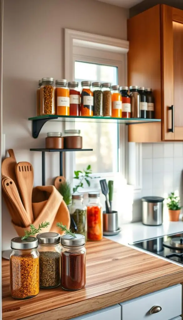 A cozy, well-organized tiny kitchen featuring a variety of colorful spices displayed in glass jars on an elegant wall-mounted shelf. In the foreground, showcase vibrant spices like turmeric, paprika, and cumin in neatly labeled jars, with a few sprigs of fresh herbs for added color. The middle ground reveals a sleek butcher block countertop with kitchen tools and a small potted plant, while the background highlights a soft, warm lighting that illuminates the natural wood cabinets and a window letting in gentle sunlight. Capture the image from a slightly elevated angle to emphasize the storage solution’s accessibility and charm, creating a homey and inviting atmosphere. The overall mood conveys efficiency and style, perfect for maximizing space in a tiny kitchen. GoodHomeFinds. A cozy, well-organized tiny kitchen featuring a variety of colorful spices displayed in glass jars on an elegant wall-mounted shelf. In the foreground, showcase vibrant spices like turmeric, paprika, and cumin in neatly labeled jars, with a few sprigs of fresh herbs for added color. The middle ground reveals a sleek butcher block countertop with kitchen tools and a small potted plant, while the background highlights a soft, warm lighting that illuminates the natural wood cabinets and a window letting in gentle sunlight. Capture the image from a slightly elevated angle to emphasize the storage solution’s accessibility and charm, creating a homey and inviting atmosphere. The overall mood conveys efficiency and style, perfect for maximizing space in a tiny kitchen. GoodHomeFinds.