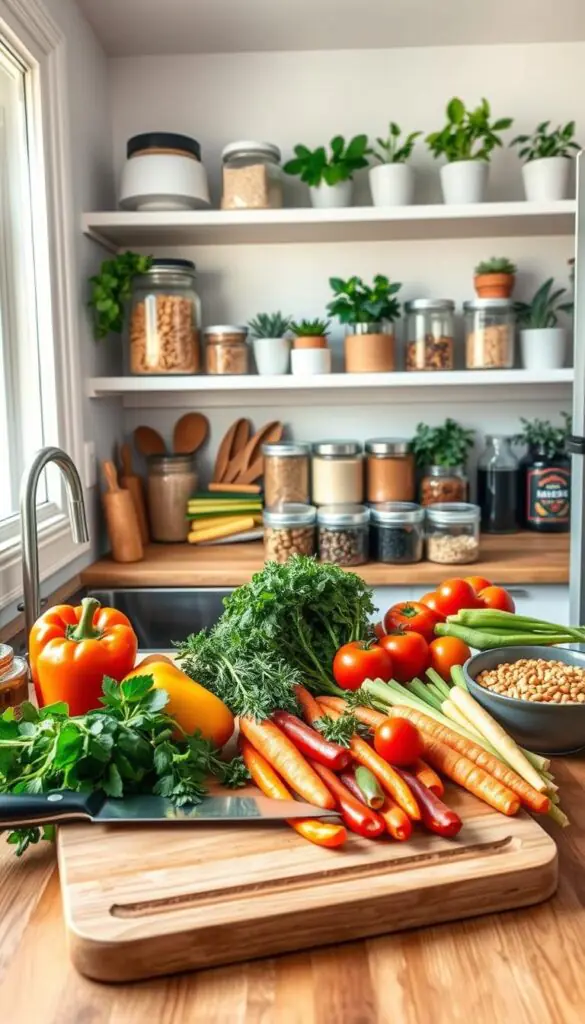 A cozy, well-organized tiny kitchen scene filled with vibrant meal prep ingredients. In the foreground, a cutting board showcases colorful vegetables: bright bell peppers, crisp carrots, fresh herbs, and ripe tomatoes, elegantly arranged around a chef's knife. The middle ground features a variety of containers neatly holding grains, legumes, and spices, adding an artistic touch. Soft, natural light filters through a window, creating a warm and inviting glow across the countertops. In the background, shelves display neatly stacked cooking essentials and potted herbs, enhancing the atmosphere of efficiency and tranquility. The composition is shot from a slightly elevated angle, mimicking a Pinterest-style lifestyle photo. No people are present, just the charm of a well-prepared space. Created by GoodHomeFinds.