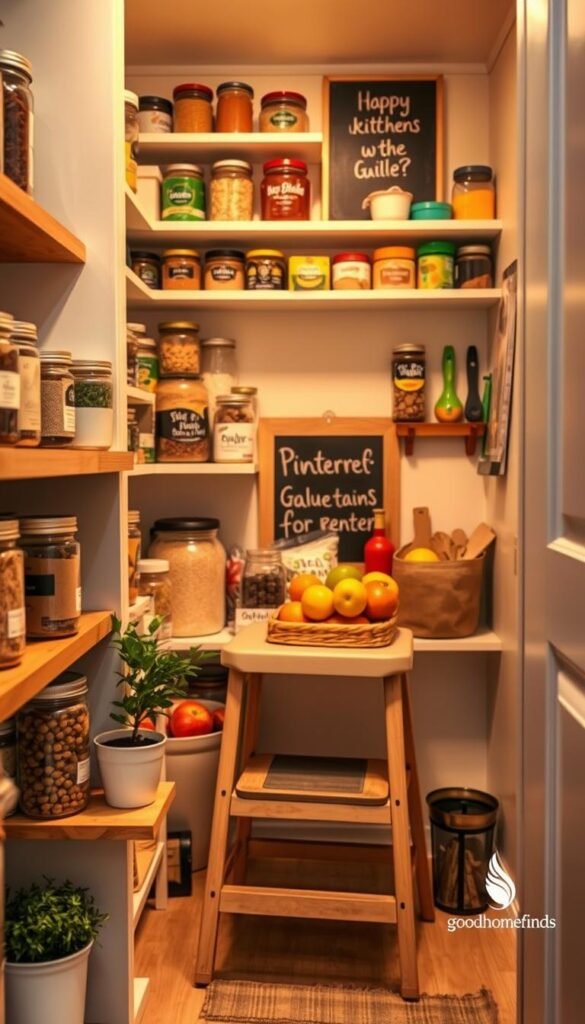 A cozy, well-organized tiny pantry, featuring neatly arranged jars and containers of various spices, grains, and snacks. In the foreground, a wooden shelf holds labeled glass jars and a small potted herb plant, while vibrant fruits are displayed in a woven basket. In the middle, a collapsible step stool leans against the wall, emphasizing the compact space's functionality. The background reveals a clean, white wall with open shelves displaying colorful kitchen gadgets and an inspiring chalkboard. The warm ambient lighting casts a soft glow, creating a welcoming atmosphere. The entire scene embodies a Pinterest-style lifestyle aesthetic, highlighting efficient pantry maintenance and routines for renters. GoodHomeFinds logo subtly integrated into a corner of a shelf.