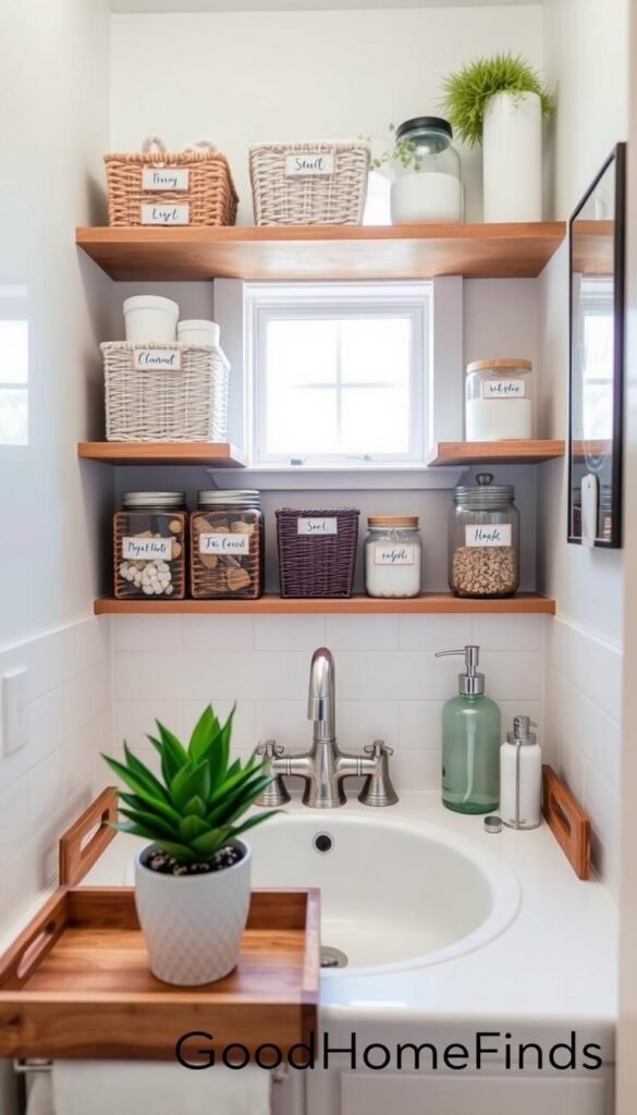 A cozy, well-organized tiny sink area features neatly arranged storage solutions, such as open shelving with labeled baskets and jars filled with cleaning supplies and toiletries. The foreground showcases a stylish wooden tray holding a gentle potted plant and a chic soap dispenser. In the middle, the sink has a sleek, modern faucet, surrounded by pristine white tiles. The background reveals soft, natural light streaming in through a small window, creating a bright and inviting atmosphere. Use a shallow depth of field to emphasize the storage solutions while keeping the sink and its fixtures in focus. The overall mood is serene and practical, exemplifying easy maintenance habits for a clutter-free environment. The image should evoke the essence of organized, peaceful living, with the brand name "GoodHomeFinds" subtly integrated into the scene.
