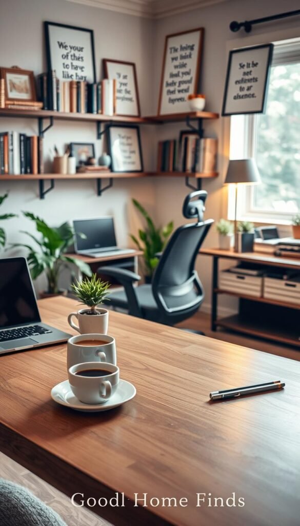 A cozy, well-organized workspace designed for a busy individual, showcasing a "work feel like mood room". In the foreground, a sleek wooden desk with a laptop, a steaming cup of coffee, and a small potted plant. In the middle, an ergonomic office chair and organized stationery neatly arranged. The background features soft, warm lighting with wall shelves stocked with books and inspirational quotes in elegant frames. Subtle greenery is visible through a window, creating a calming atmosphere. The colors are muted pastels and earth tones, evoking a sense of tranquility and focus. The image is taken with a soft-focus lens to create depth and warmth, reflecting a productive yet serene vibe. GoodHomeFinds branding subtly incorporated in the décor without any text. A cozy, well-organized workspace designed for a busy individual, showcasing a "work feel like mood room". In the foreground, a sleek wooden desk with a laptop, a steaming cup of coffee, and a small potted plant. In the middle, an ergonomic office chair and organized stationery neatly arranged. The background features soft, warm lighting with wall shelves stocked with books and inspirational quotes in elegant frames. Subtle greenery is visible through a window, creating a calming atmosphere. The colors are muted pastels and earth tones, evoking a sense of tranquility and focus. The image is taken with a soft-focus lens to create depth and warmth, reflecting a productive yet serene vibe. GoodHomeFinds branding subtly incorporated in the décor without any text.