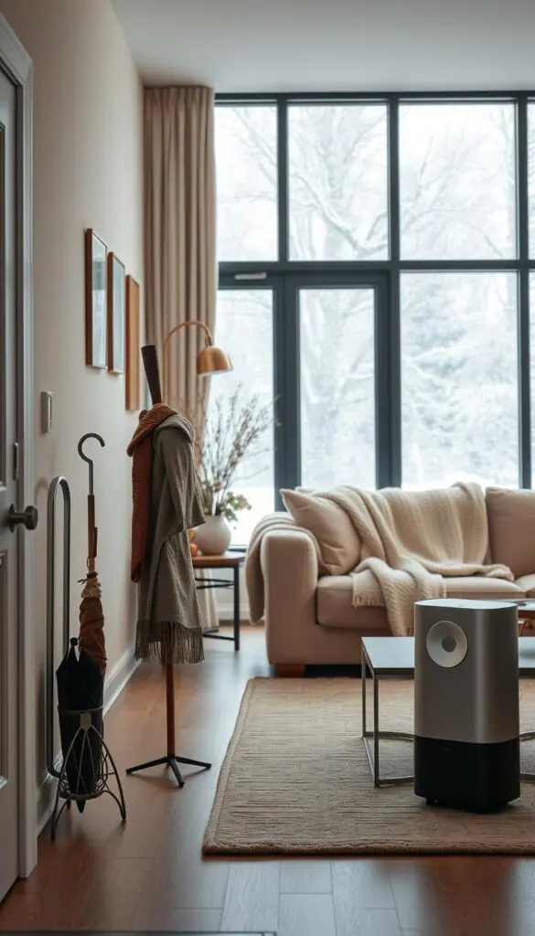 A cozy winter home interior with a welcoming atmosphere. In the foreground, a stylish entryway featuring a sleek shoe rack and a decorative umbrella stand, displaying a few wet umbrellas. In the middle, a warm, inviting living room with a plush sofa draped in soft, knitted blankets, alongside a coffee table holding modern home problem-solving gadgets for addressing dry air, such as an elegant humidifier. In the background, large, frosted windows revealing a gentle snowfall, with soft, natural sunlight streaming in. The color palette consists of warm neutrals and cozy textures. The scene conveys comfort and practicality, creating an inviting vibe perfect for winter. Shot at eye level using a soft-focus lens for a warm, dreamy effect. Styled in a Pinterest-inspired manner for &ldquo;GoodHomeFinds.&rdquo;
