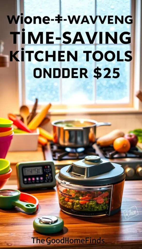 A cozy winter kitchen scene showcasing practical time-saving kitchen tools under $25, arranged beautifully on a rustic wooden countertop. In the foreground, a stylish GoodHomeFinds gadget, like a multi-functional vegetable chopper, shines under soft, warm lighting, highlighting its ergonomic design. To the left, a set of brightly colored measuring cups and a sleek timer add pops of color. In the middle, a steaming pot of soup simmers on the stove, surrounded by seasonal ingredients like carrots and herbs. The background reveals a softly lit window with frost patterns, conveying a welcoming winter atmosphere. Capture the image from a slightly elevated angle to create depth, ensuring the kitchen tools appear inviting and user-friendly. The mood is warm and homely, perfect for winter cooking.