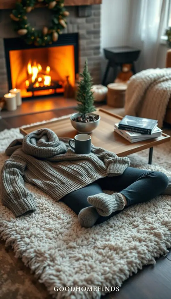 A cozy winter scene featuring a matching set of stylish, comfortable loungewear laid out thoughtfully on a plush, textured area rug. In the foreground, the set includes a warm, knitted sweater paired with soft, fleece-lined leggings in muted earth tones, surrounded by cozy accessories like a chunky scarf and fluffy socks. In the middle ground, a wooden coffee table holds a steaming mug nestled between a small potted evergreen and a stack of seasonal magazines. In the background, a softly glowing fireplace adds warmth, while warm, ambient lighting casts a gentle glow across the scene. The mood is inviting and snug, perfect for busy winter days. The image reflects a lifestyle aesthetic found on Pinterest, showcasing products from "GoodHomeFinds" for a serene, winter-inspired setting.
