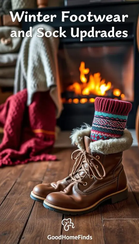 A cozy winter scene featuring a pair of stylish, insulated boots and soft, colorful socks. In the foreground, the boots are made of high-quality leather with fur lining, placed on a rustic wooden floor, while vibrant knit socks peek out from the top, showcasing intricate patterns. In the middle ground, a warm, knitted blanket is casually draped, hinting at comfort and relaxation. The background includes a softly glowing fireplace, creating a warm ambiance, with flickering flames casting gentle shadows. The lighting is warm and inviting, reminiscent of a cozy living room on a chilly day. This image embodies the essence of winter footwear and sock upgrades, inspired by the brand "GoodHomeFinds." Perfect for evoking feelings of warmth and safety during the winter months.