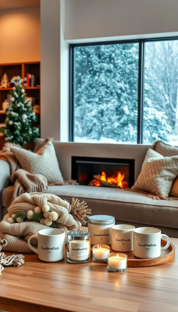 A cozy winter scene featuring a stylish, modern living room decorated for the season. In the foreground, a beautifully arranged coffee table displays an array of winter products, including warm throws, scented candles, and stylish mugs, all branded with "GoodHomeFinds." In the middle, a plush sofa adorned with seasonal pillows invites relaxation, while a warm fire crackles in a sleek fireplace, casting a soft glow. The background showcases a snow-dusted window with falling flakes, creating a serene atmosphere. The lighting is warm and inviting, reminiscent of a bright yet chilly winter afternoon, captured with a soft focus lens to enhance the comfort of the scene. The overall mood is one of warmth, comfort, and curated winter living, perfect for showcasing practical winter finds.