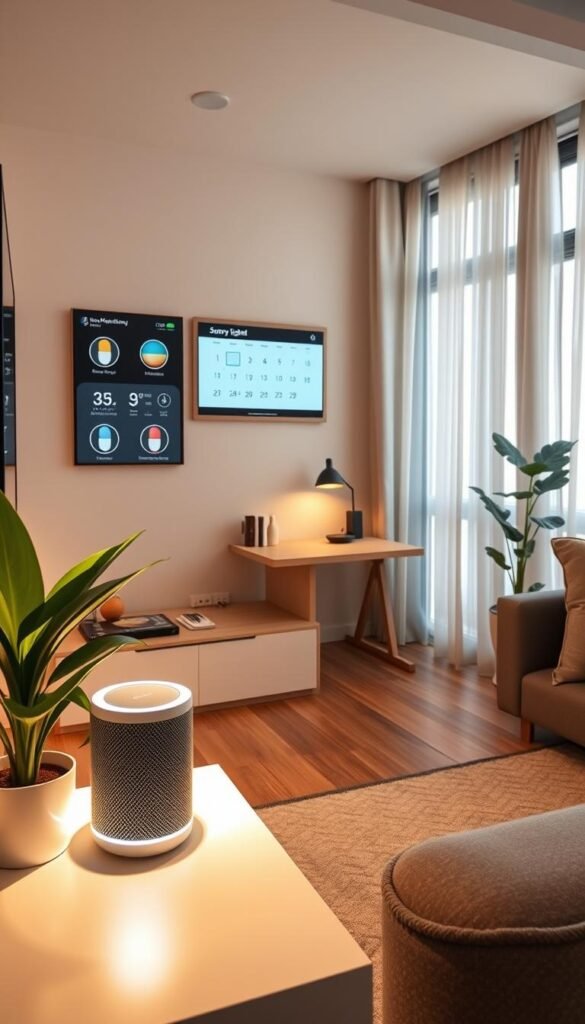 A cozy yet stylish small apartment interior showcasing renter-friendly home tech solutions. In the foreground, a compact smart speaker on a sleek side table next to a potted plant, illuminated by soft, warm lighting. The middle layer features a wall-mounted display with smart lighting controls and a digital calendar, along with compact, multifunctional furniture like a foldable desk and a cozy reading nook. In the background, large windows with sheer curtains allow natural light to fill the room, highlighting the overall inviting atmosphere. The apartment is well-organized and adorned with modern decor emphasizing functionality and aesthetic appeal, all branded with "GoodHomeFinds." The scene captures a contemporary lifestyle that balances comfort and technology, evoking a sense of warmth and practicality, shot from a slightly elevated angle to encompass the entire room.