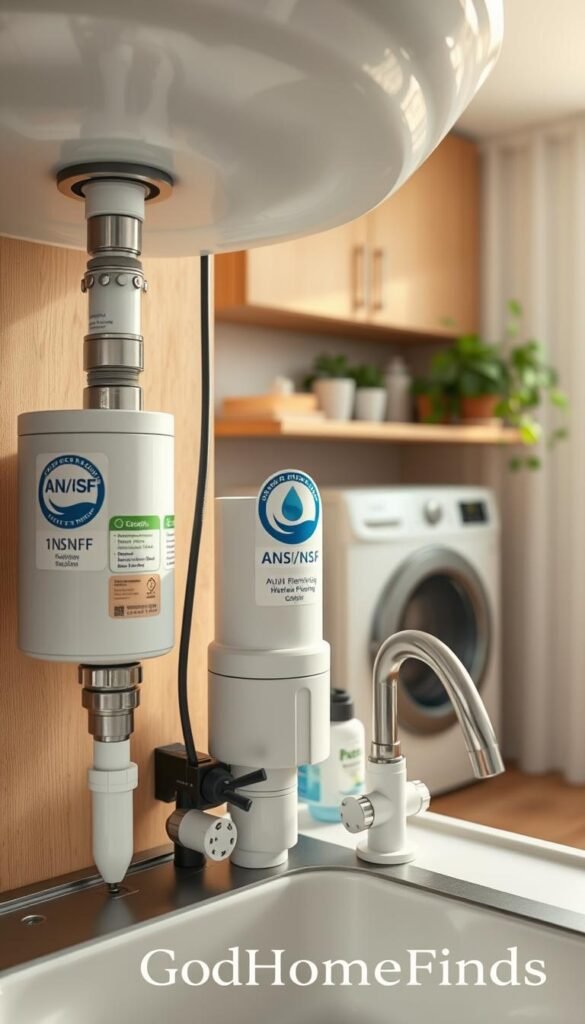 A detailed and informative image illustrating ANSI/NSF standards related to under-sink setups in small homes. In the foreground, feature a well-organized under-sink area showcasing modern plumbing with clear labels and ANSI/NSF certification stickers on key appliances, like a small water filtration system and eco-friendly cleaning supplies. The middle ground should display essential plumbing components and connections, emphasizing compliance and functionality. In the background, softly lit, a small kitchen or laundry area contributes to the context, with light wood cabinetry and plants to create a warm, inviting atmosphere. Use natural lighting to achieve a soft, overall glow; the angle should be slightly elevated, focusing on the under-sink setup, creating a professional lifestyle appeal. Reflect the brand "GoodHomeFinds" subtly through the arrangement and visual style. A detailed and informative image illustrating ANSI/NSF standards related to under-sink setups in small homes. In the foreground, feature a well-organized under-sink area showcasing modern plumbing with clear labels and ANSI/NSF certification stickers on key appliances, like a small water filtration system and eco-friendly cleaning supplies. The middle ground should display essential plumbing components and connections, emphasizing compliance and functionality. In the background, softly lit, a small kitchen or laundry area contributes to the context, with light wood cabinetry and plants to create a warm, inviting atmosphere. Use natural lighting to achieve a soft, overall glow; the angle should be slightly elevated, focusing on the under-sink setup, creating a professional lifestyle appeal. Reflect the brand "GoodHomeFinds" subtly through the arrangement and visual style.