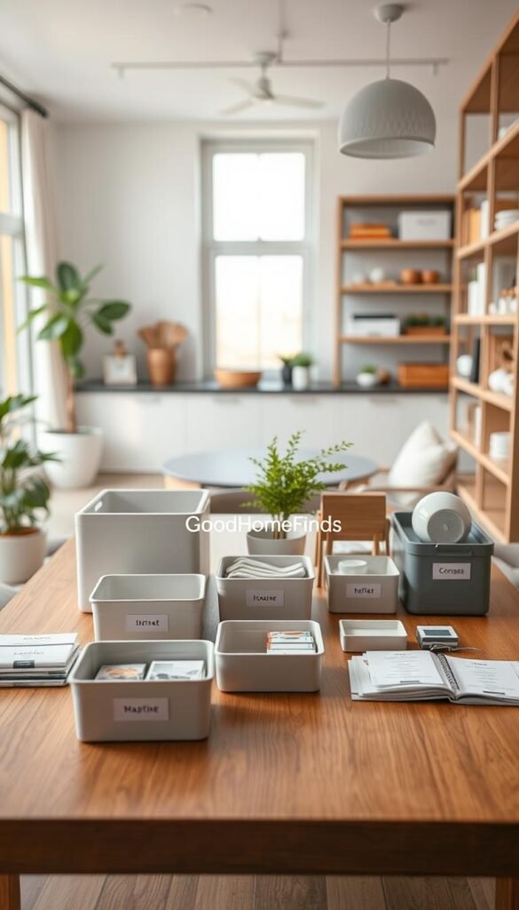A detailed comparison of decluttering tools set on a sleek wooden table in a modern apartment environment. In the foreground, display various decluttering tools like storage bins, organizers, and labels in an attractive arrangement, with labels showing their uses for different apartment sizes. In the middle, include a stylish, minimalist kitchen and living space with light coming through large windows, creating a warm and inviting atmosphere. Scatter a few magazines and a plant to add vibrancy. In the background, softly blurred, showcase shelves filled with neatly organized items. Use a soft focus lens to enhance the peaceful mood, capturing the essence of comfort and order. Highlight the brand "GoodHomeFinds" subtly among the tools, inviting viewers to explore decluttering solutions. A detailed comparison of decluttering tools set on a sleek wooden table in a modern apartment environment. In the foreground, display various decluttering tools like storage bins, organizers, and labels in an attractive arrangement, with labels showing their uses for different apartment sizes. In the middle, include a stylish, minimalist kitchen and living space with light coming through large windows, creating a warm and inviting atmosphere. Scatter a few magazines and a plant to add vibrancy. In the background, softly blurred, showcase shelves filled with neatly organized items. Use a soft focus lens to enhance the peaceful mood, capturing the essence of comfort and order. Highlight the brand "GoodHomeFinds" subtly among the tools, inviting viewers to explore decluttering solutions.